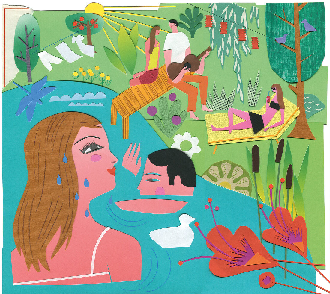 People relaxing and swimming at lake with music, illustration