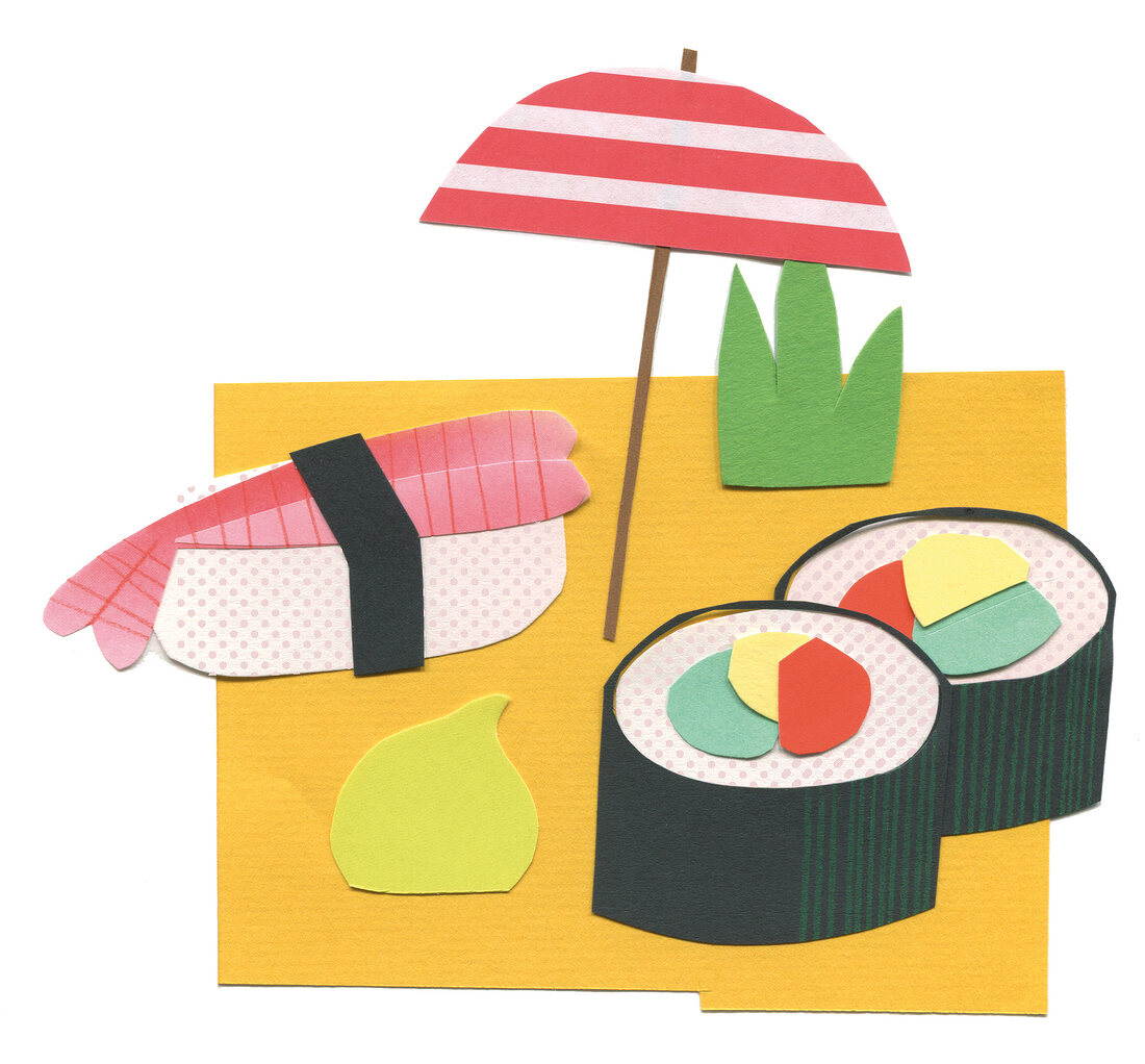 Sommer-Moment, Sushi und Fisch am Strand, Illustration