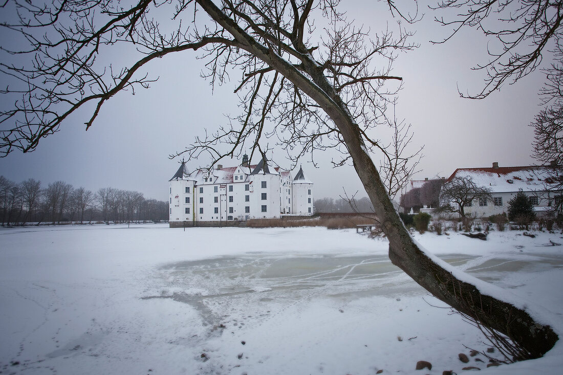 View of Glucksburg Castle in winter, Schleswig-Holstein, Germany