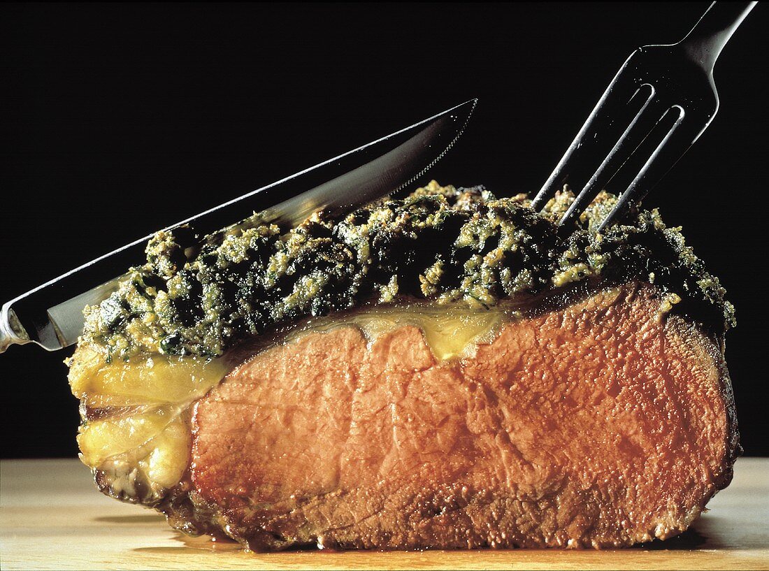 Thick Beef Steak Au Gratin with Mushrooms; Close Up