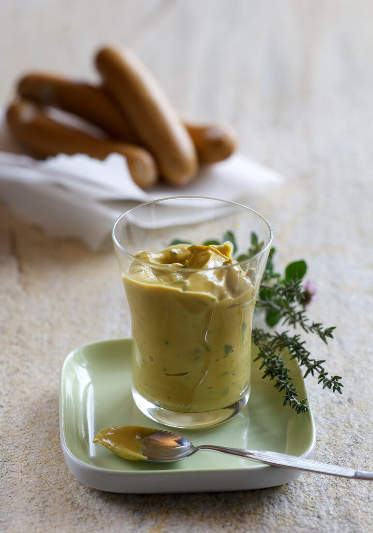 Herb mustard puree in glass