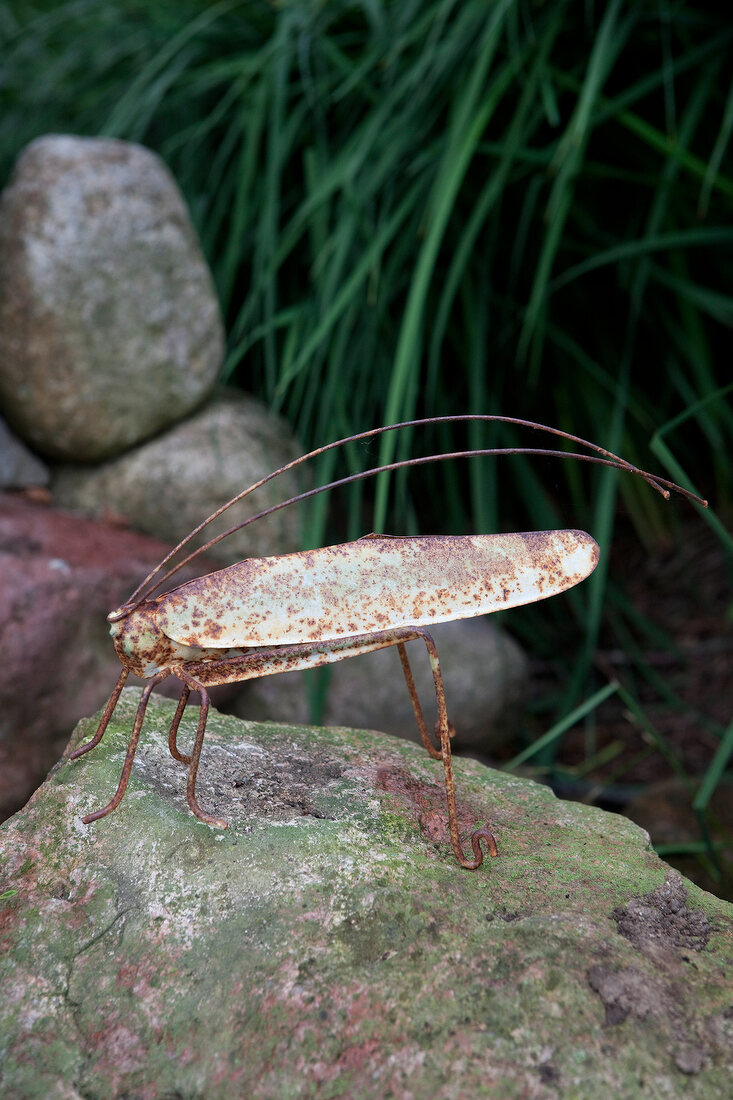 Close-up of rusty insect figure on rock