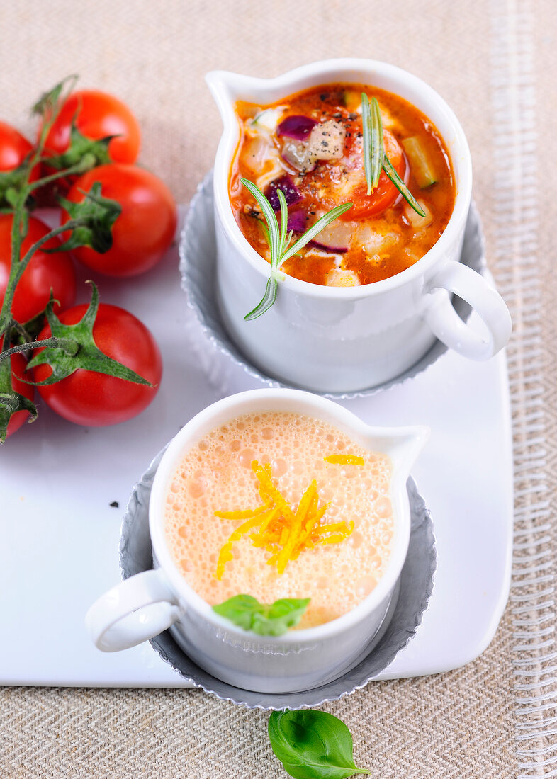 Tomato cream with provencal vegetable sauce in jars