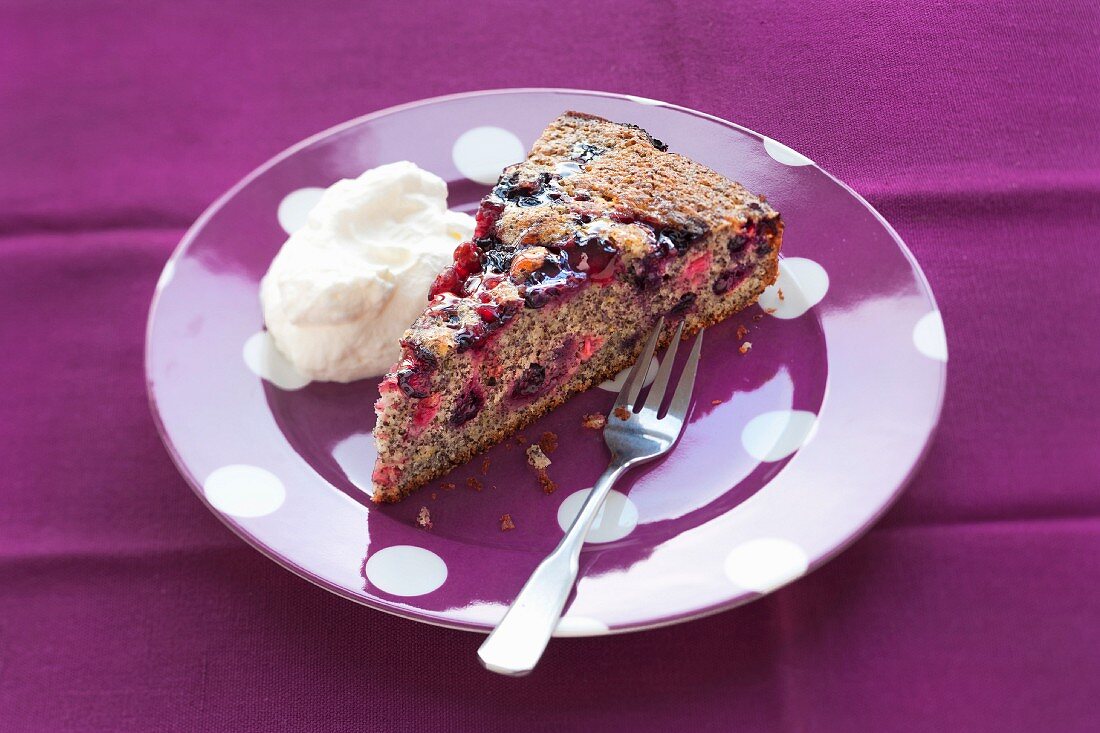 Ein Stück Johannisbeerkuchen mit Mohn & Sahne