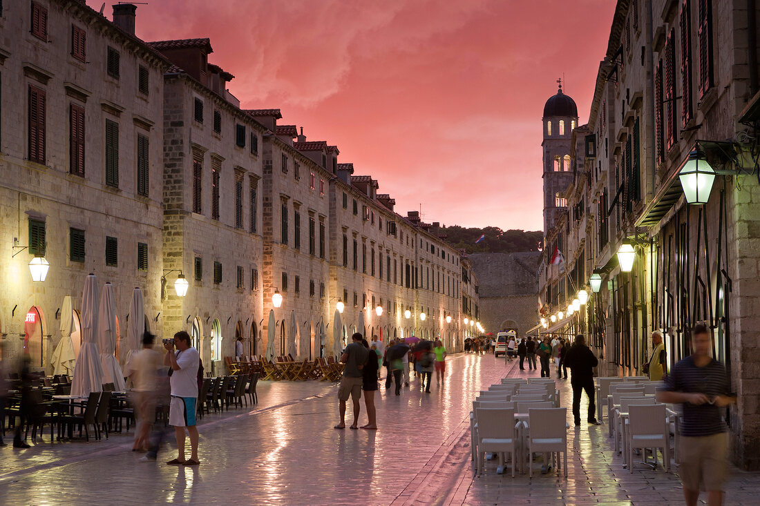 People in Stradun at old town in twilight, Dubrovnik, Croatia