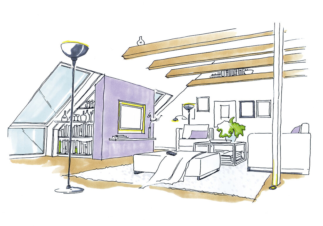 Zeichnung Wohnzimmer im Dachgeschoss , Sofa, Sessel, Holzbalken