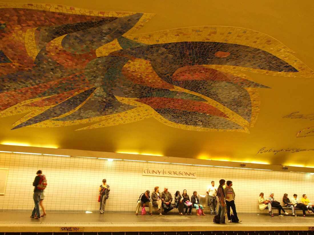 Mosaic ceiling of Cluny-La Sorbonne metro station in Paris, France
