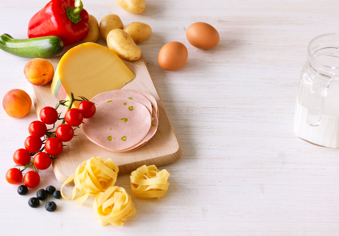 Various ingredients on wooden board