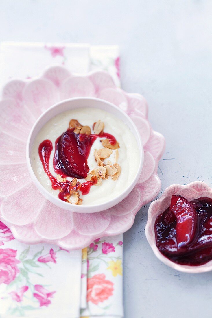 Almond soup with warm damsons