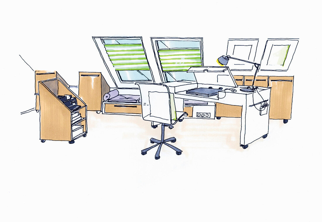 Illustration of office floor with desk and chair