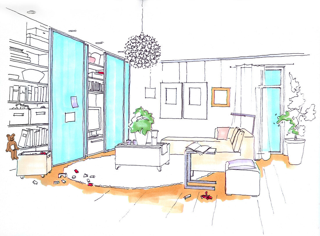 Illustration of living room with sofa, coffee table, wardrobe and sliding doors