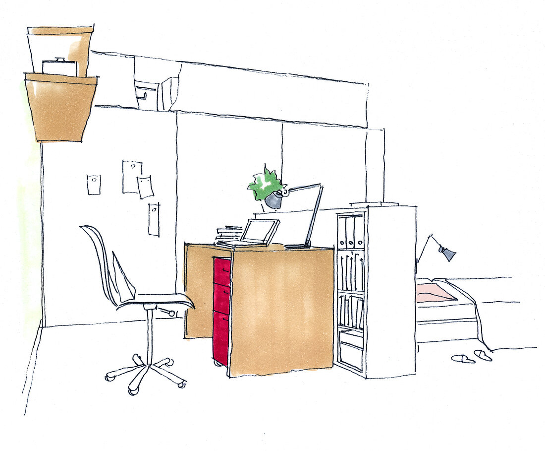 Illustration of office with office chair and desk