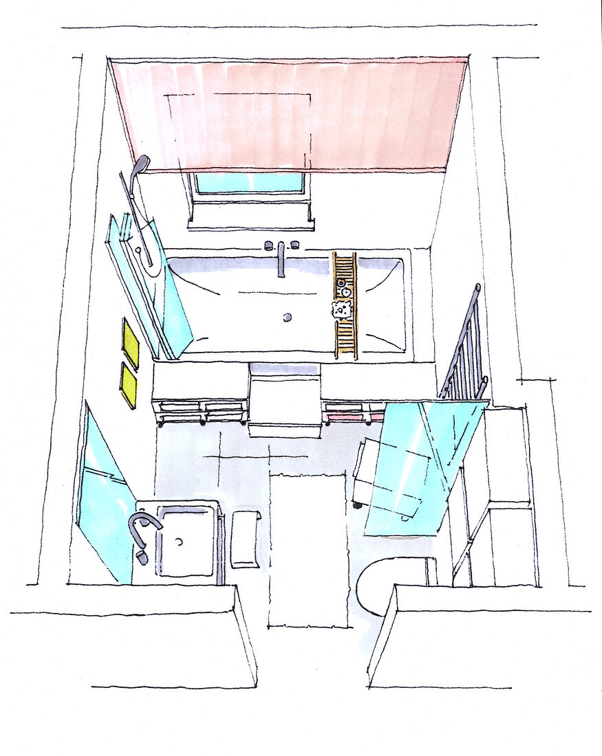 Illustration of bathroom with bathtub, toilet and sink, elevated view