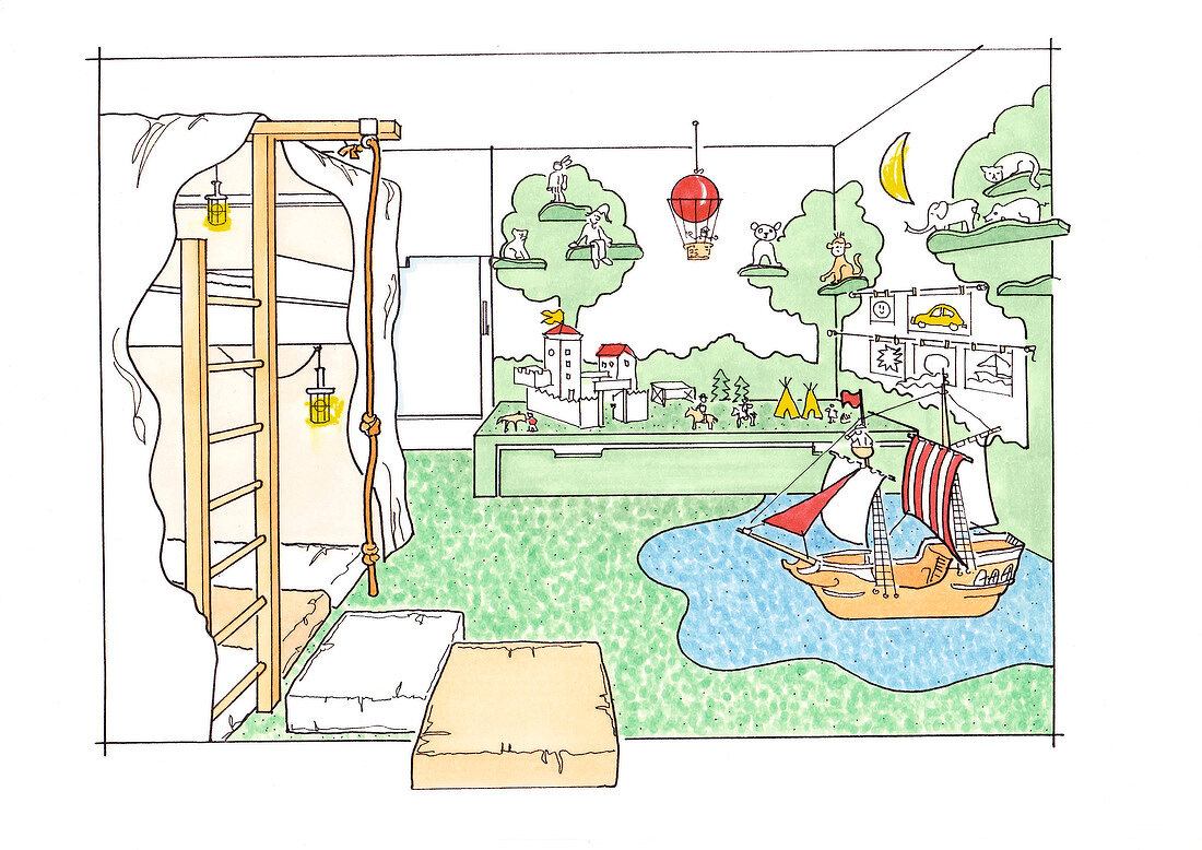 Illustration of loft bed, tree motif, climbing rope and toys