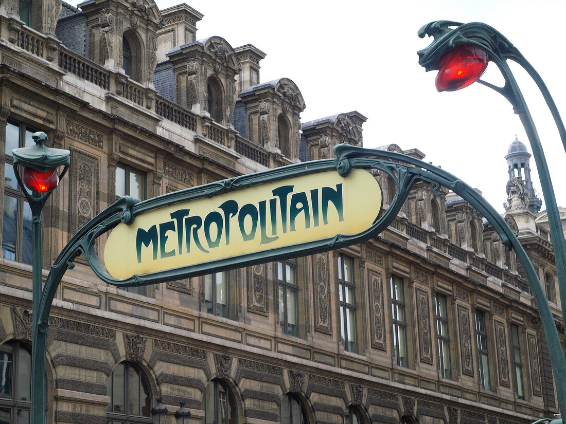 Signboard of Metropolitan at Jardin du Palais Royal Metro station in Paris, France