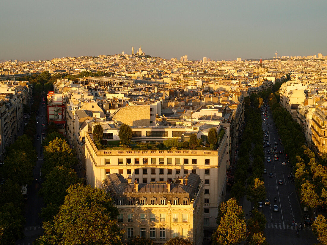 View of cityscape and Place Charles-de-Gaulle at dawn in Paris, France