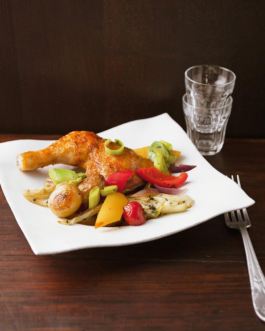 Chicken legs with vegetables in serving dish