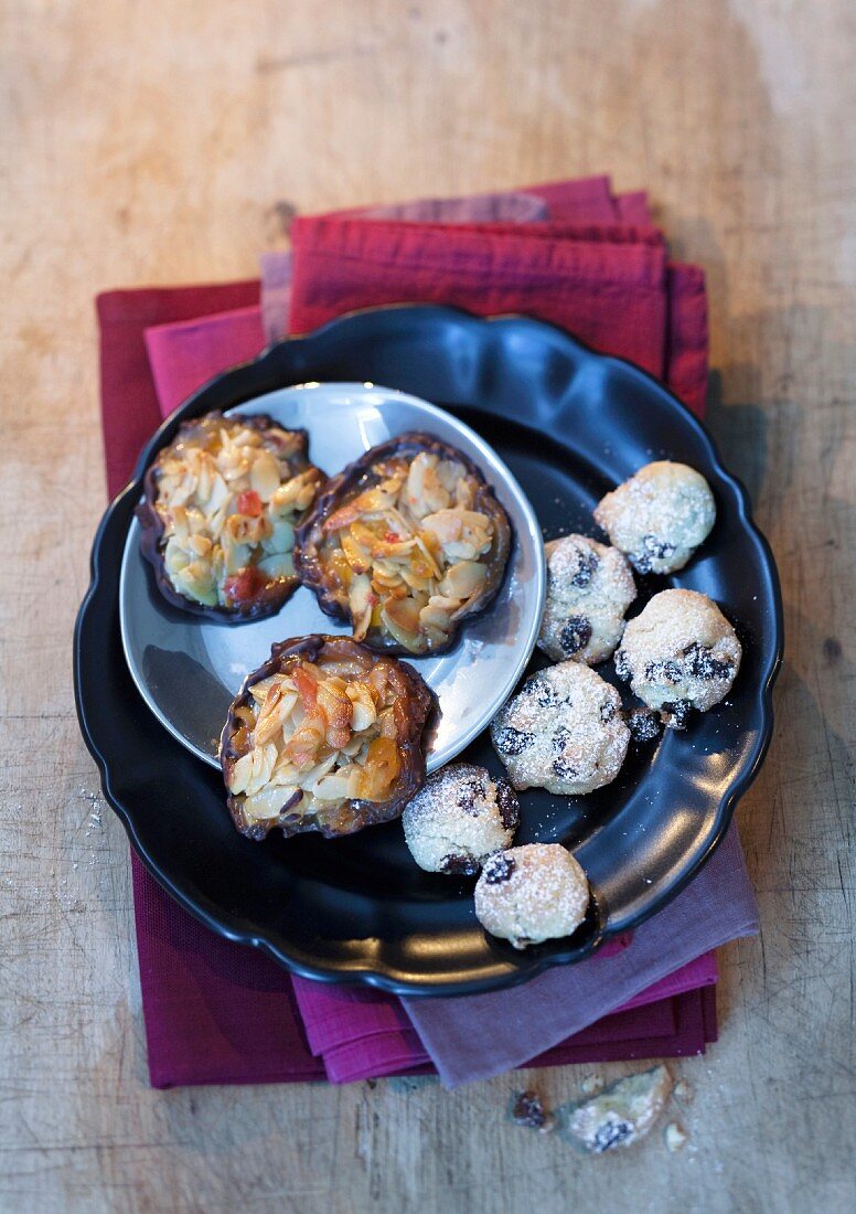 Christmas biscuits: rum and raisin balls and Florentines