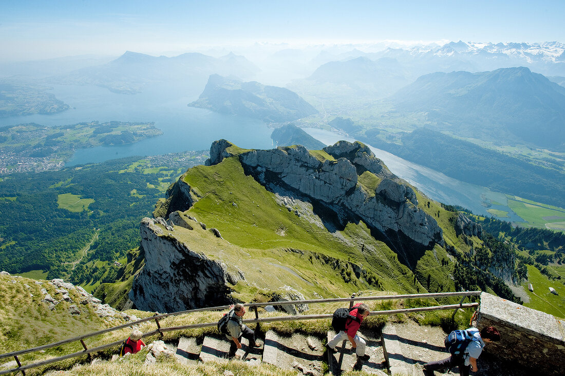 Tourist at Alps, Mount Pilatus and Lake Lucerne in Lucerne, Kriens, Switzerland
