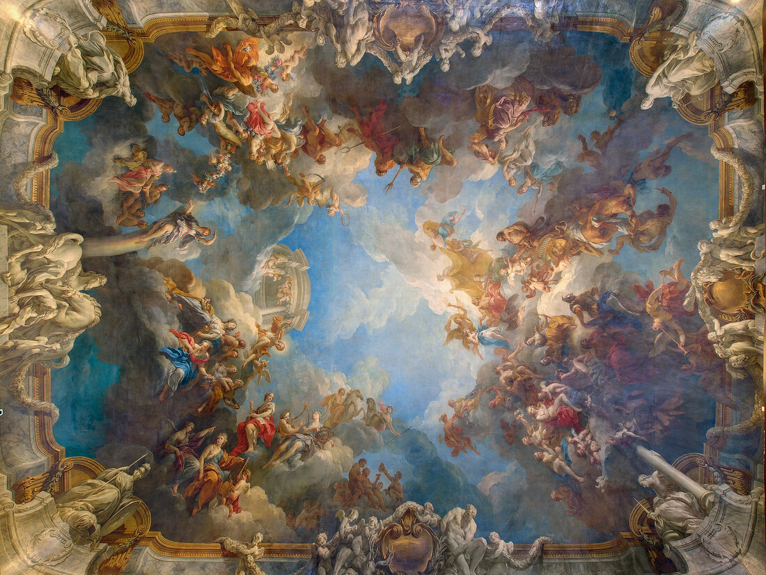 Upward view of fresco on ceiling at Versailles Palace, France