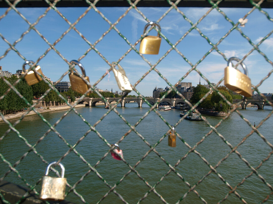 Close-up of locks on the railing at Seine Pont des Arts, Paris, France