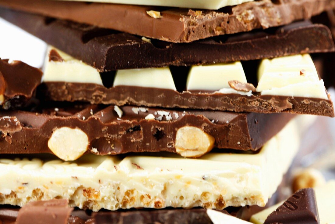 A stack of various different chocolate bars (detail)