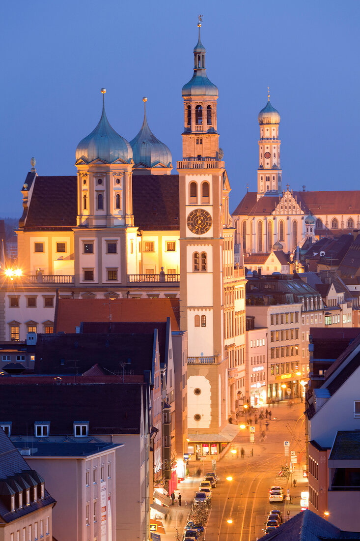 View of Perlachturm Hall and St. Ulrich's and St. Afra's Abbey in Augsburg, Germany