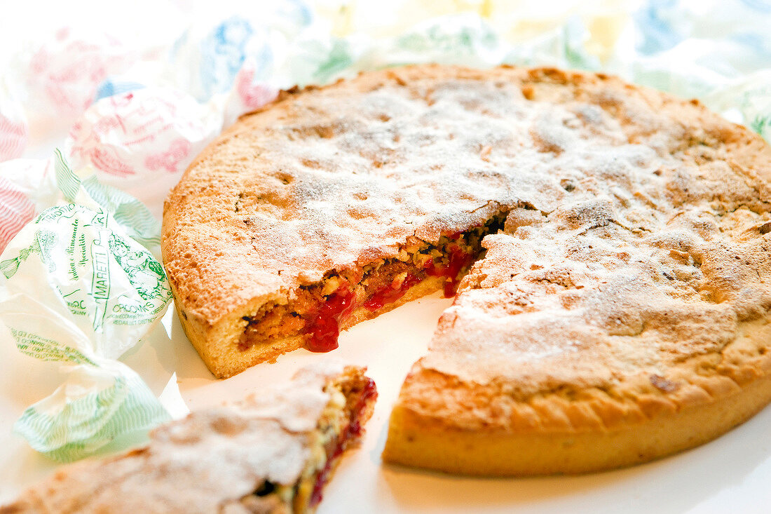 Close-up of amaretto cake with raspberry jam