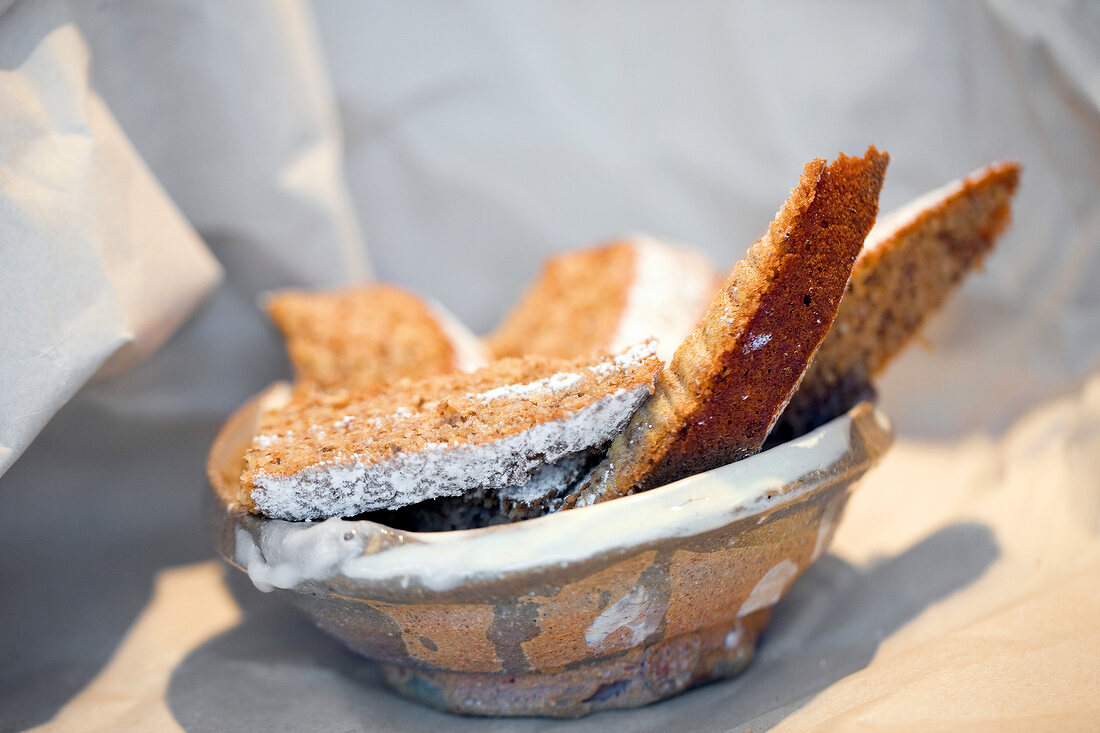 Close-up of sliced buckwheat cakes in bowl