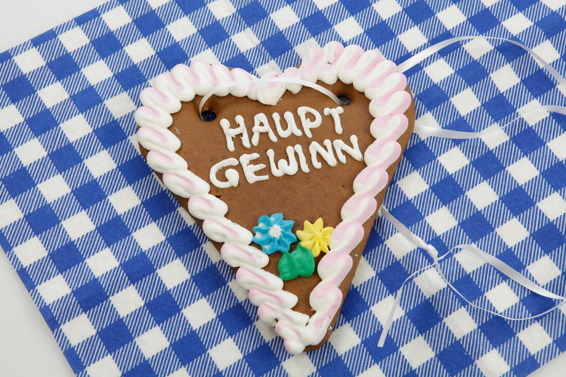 Heart shaped lebkuchen cake with icing on blue and white checked table cloth
