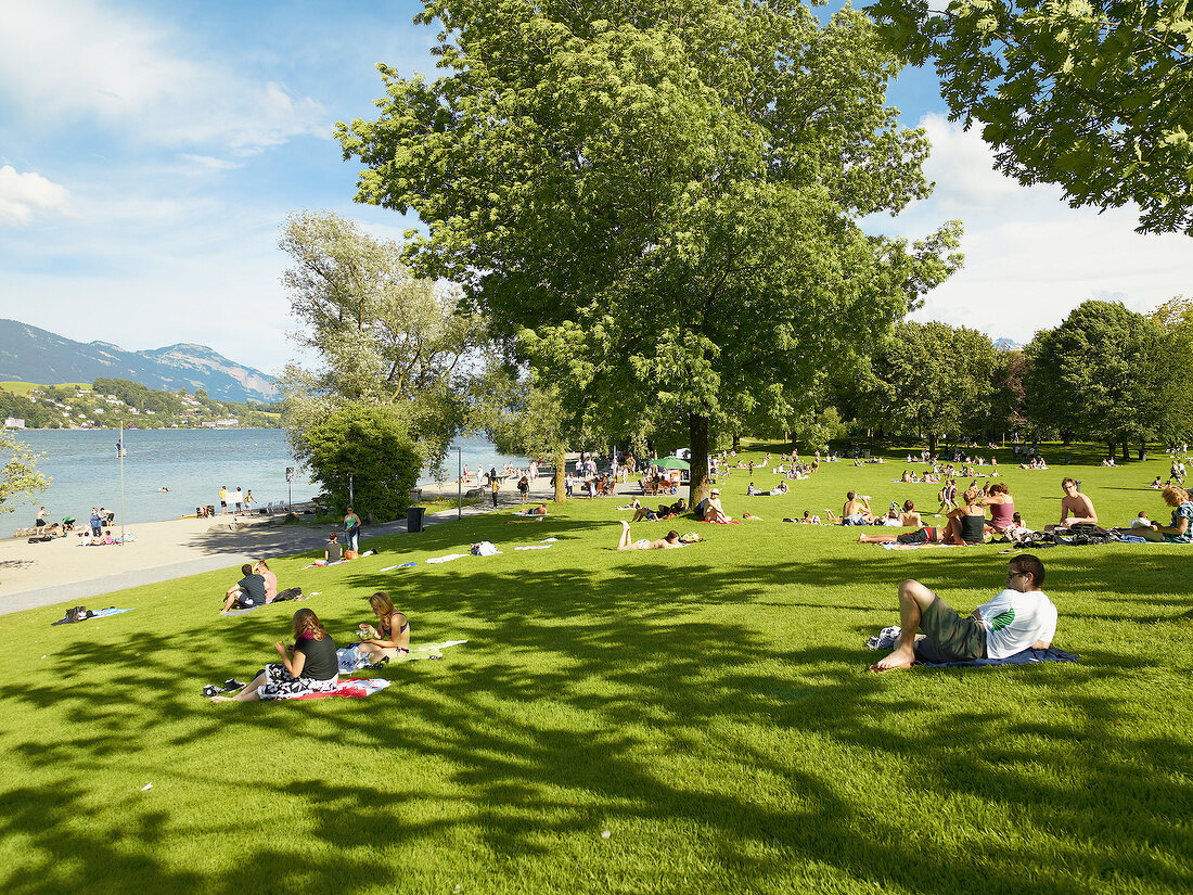 People relaxing in meadow at Ufschotti, Lucerne, Switzerland