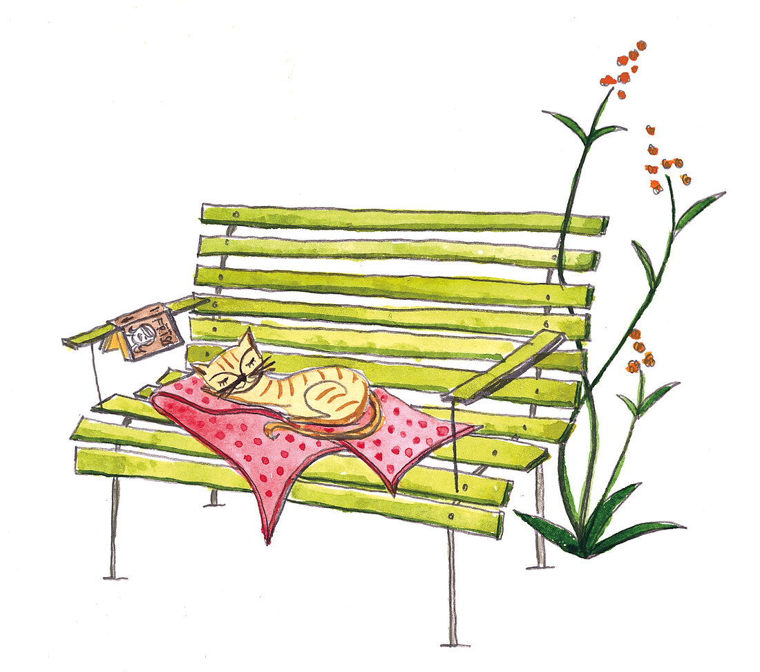 Illustration, Katze schläft auf einer Gartenbank