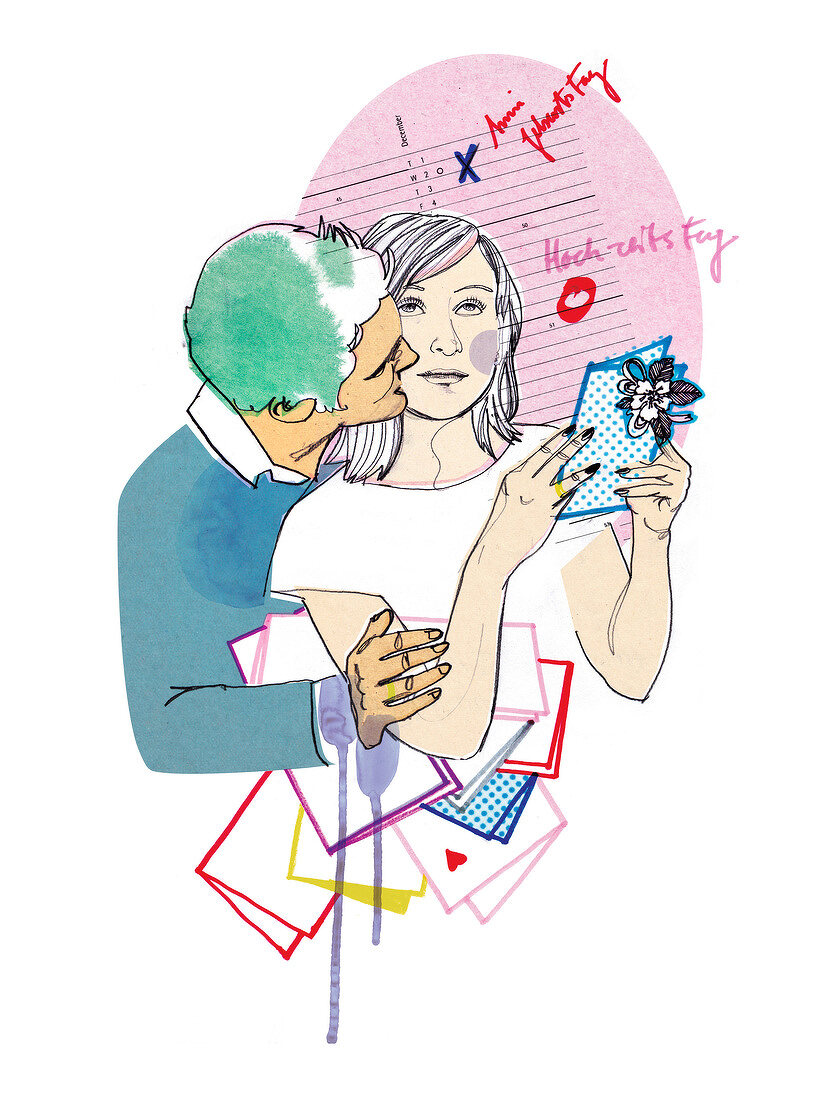 Illustration: Mann küsst Frau, Frau hält Karte in den Händen
