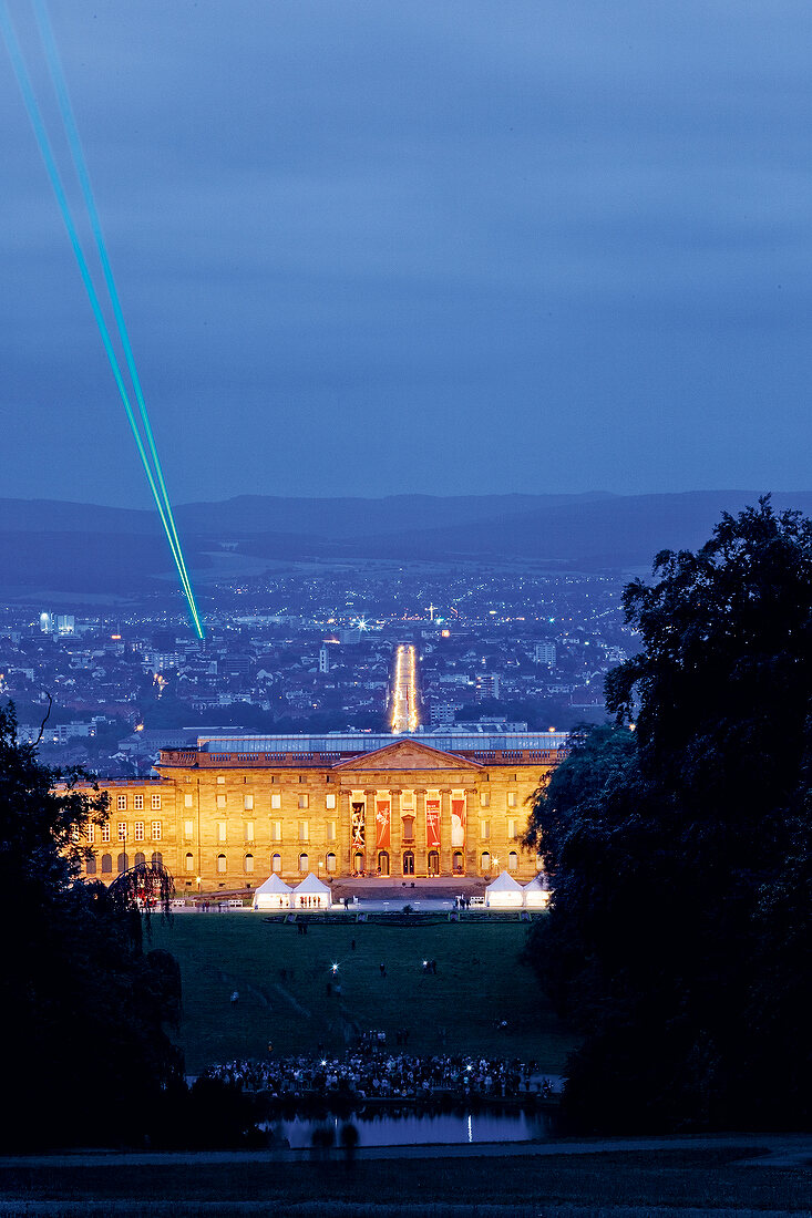 View of illumintaed Castle Wilhelm height at night in Kassel, North Hesse, Germany