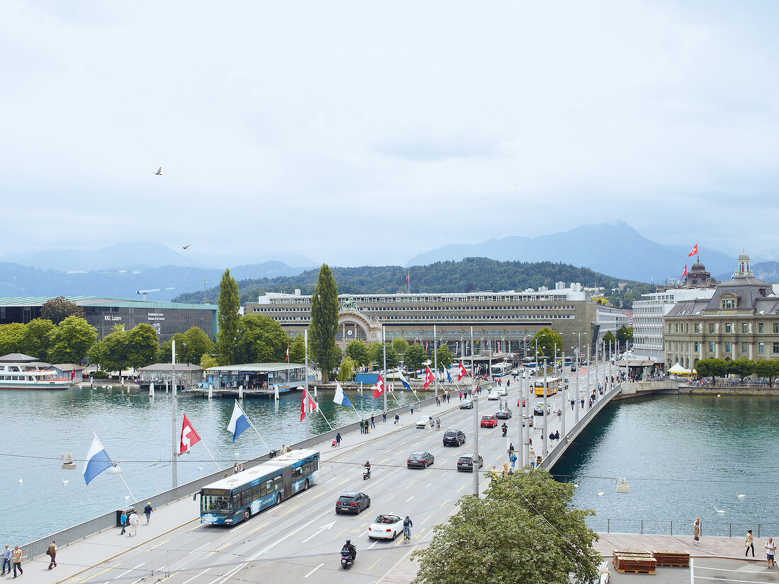 View of Swan Square and Bridge, Lucerne, Switzerland