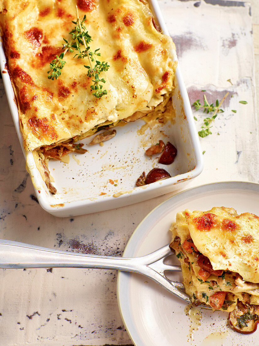 Mushroom lasagna with gruyere cheese on plate