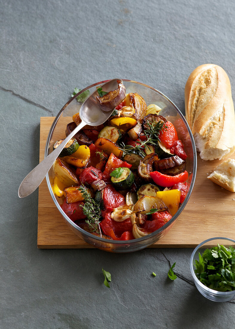 Ratatouille in glass serving dish