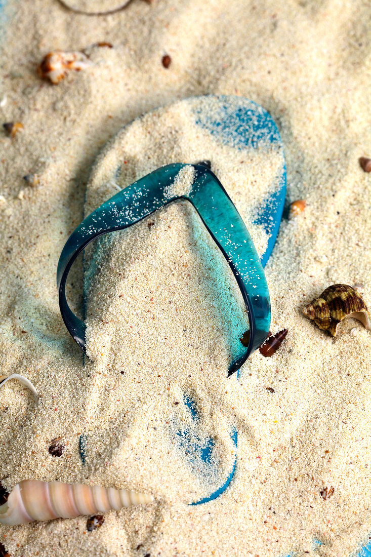 Close-up of flip flops in the sand