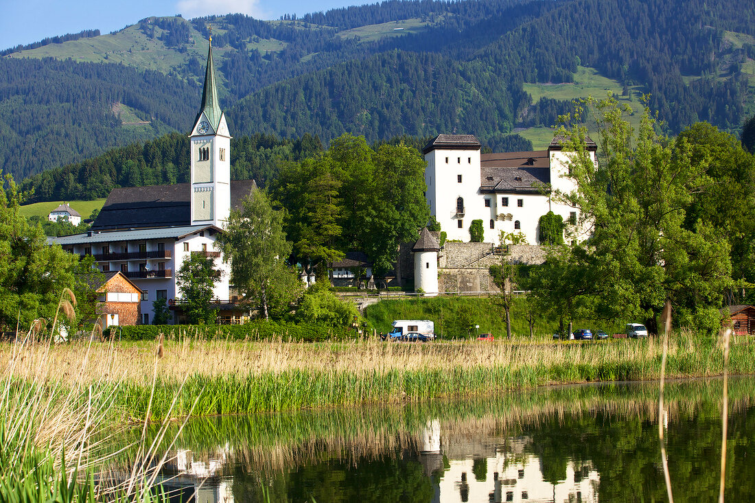 View of Goldegg hotel and Goldegger lake, Austria
