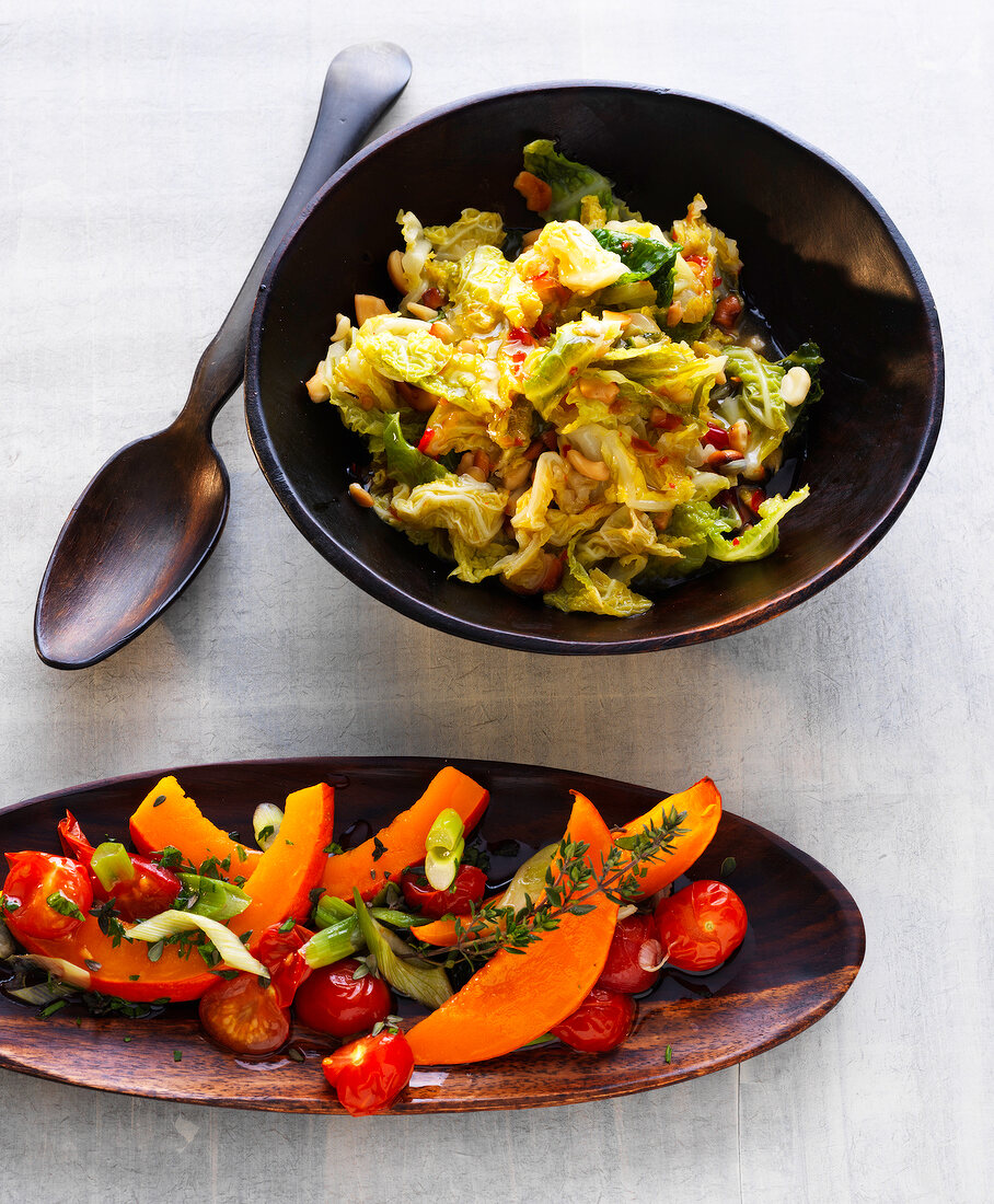 Sweet and sour cabbage with pumpkin and cherry tomatoes