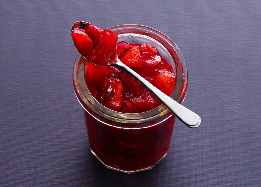 Cranberry-apple chutney in jar