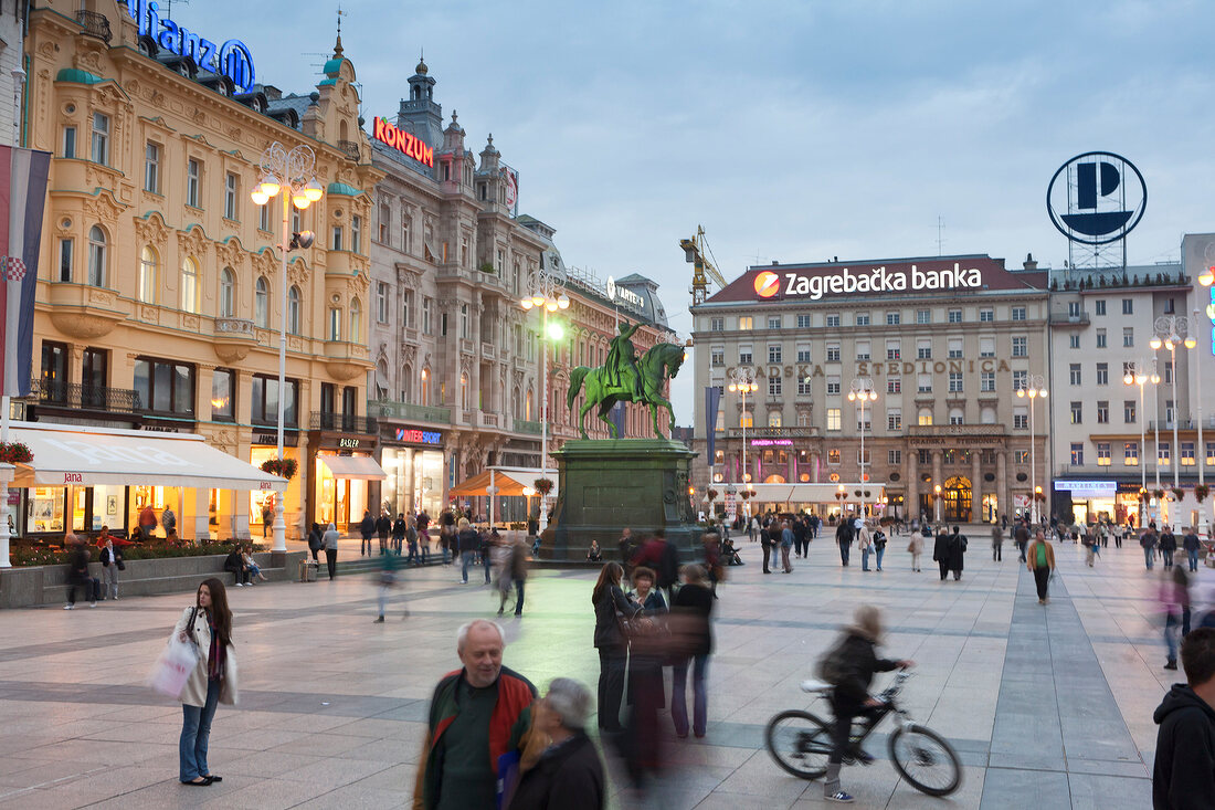 View of Ban Jelacic Square at dusk, Croatia