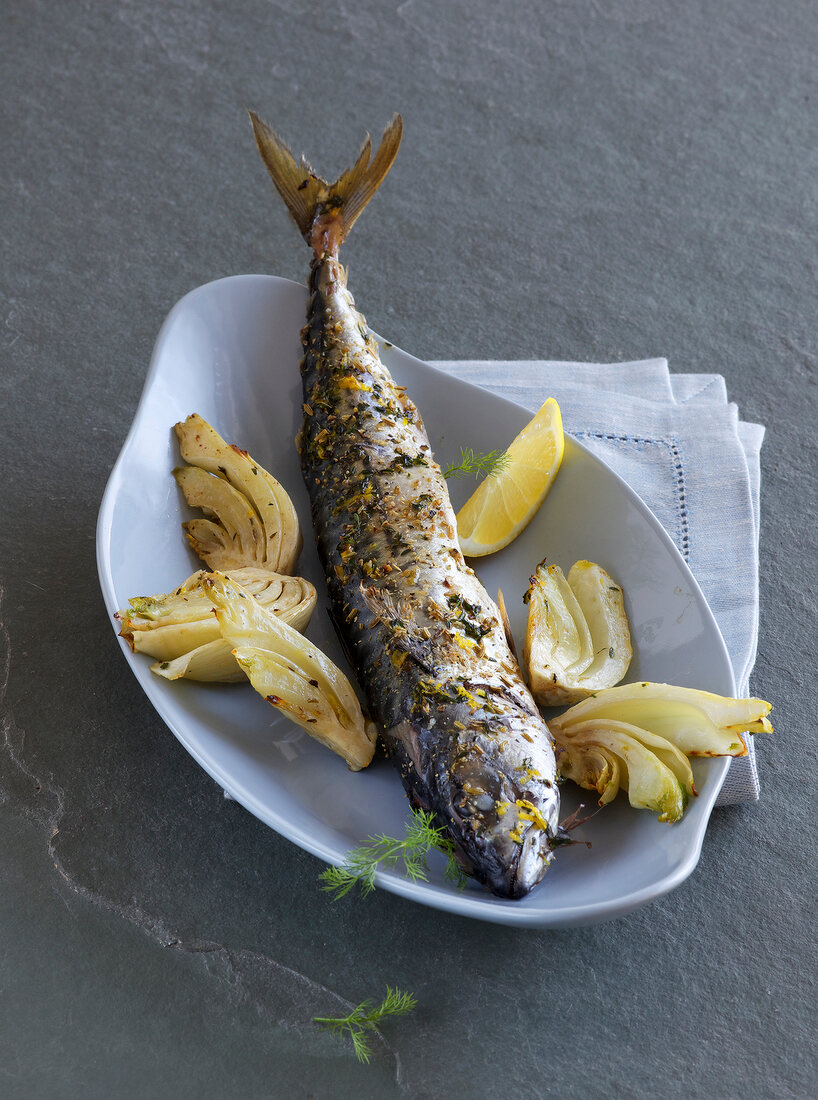Grilled fennel mackerel in serving dish