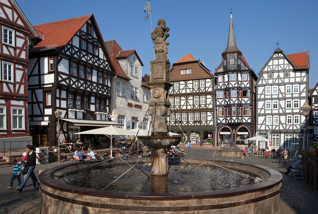 View of Guild House, Roland Fountain and marketplace of Fritzlar, Hesse, Germany