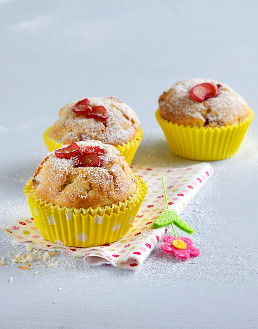 Rhubarb and coconut muffins on napkin