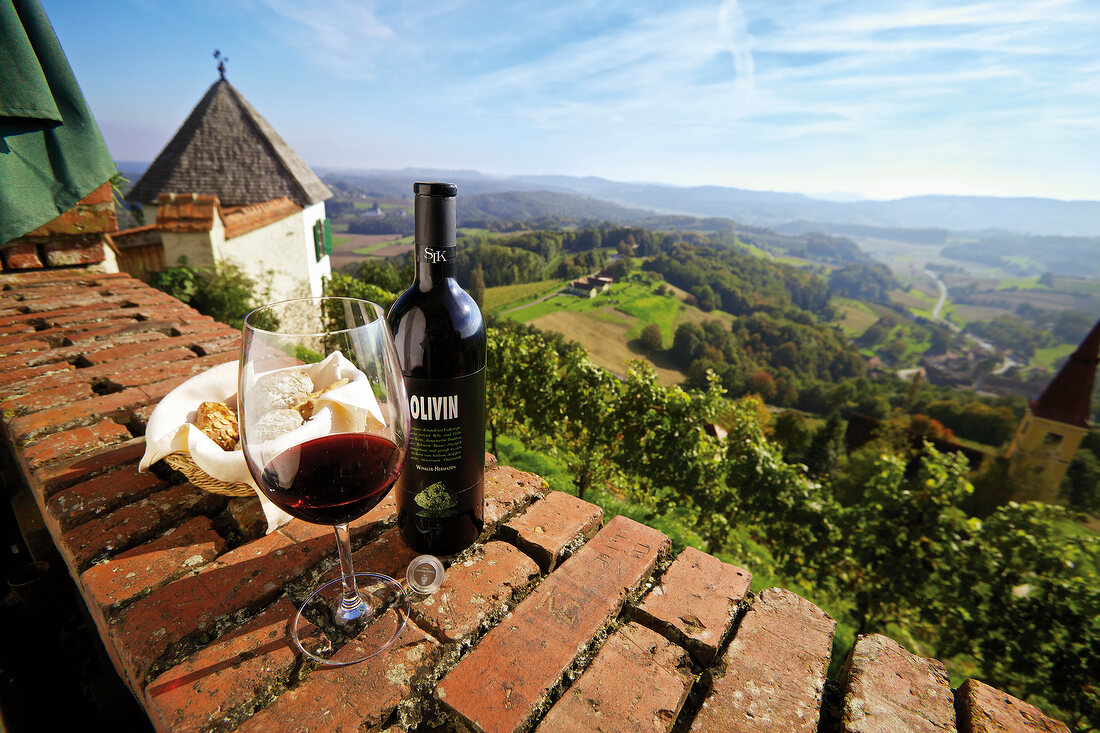 Red Zweigelt wine on castle wall of Kapfenstein