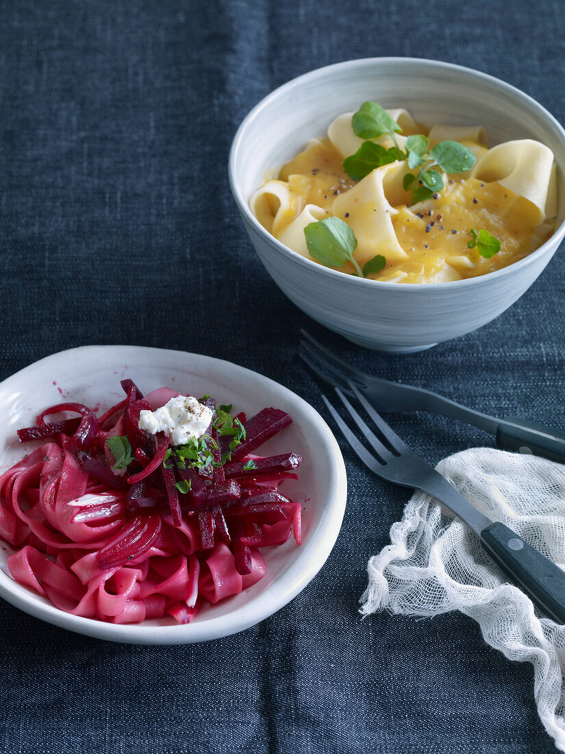 Beetroot and pumpkin with mascarpone in bowls