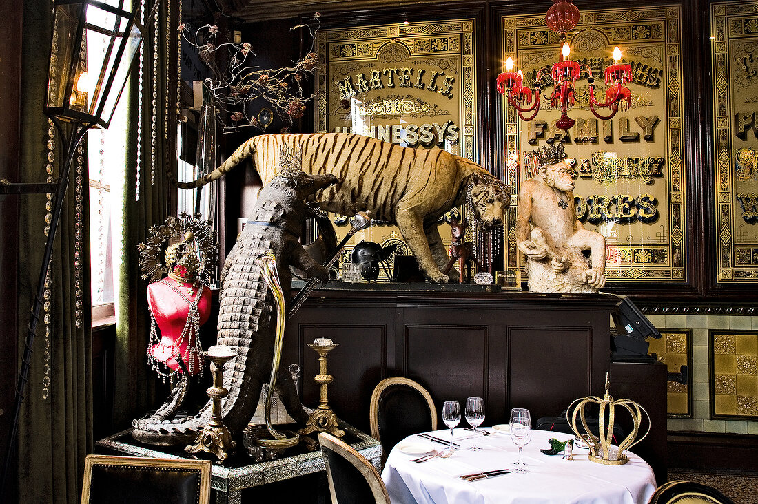 Interior of Les Trois Garcon restaurant, London, UK
