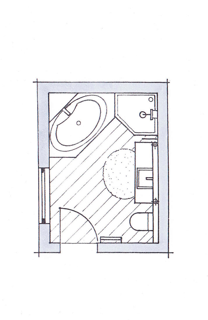 Illustration, Grundriss Standardbad mit Eckwanne und Dusche