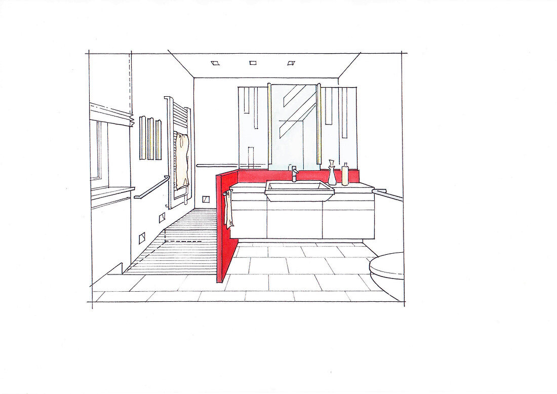 Illustration of bathroom with vanity and large shower area